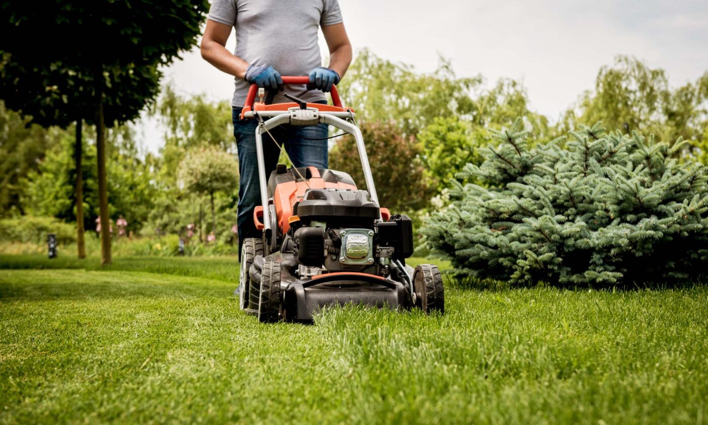 Water and Flame gardener mowing the lawn